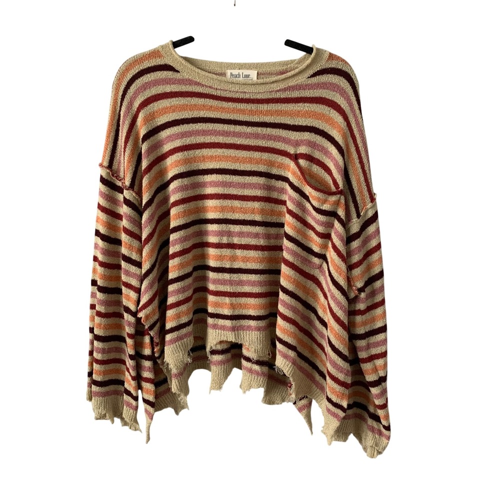 Peach Love California Striped Sweater Small Tan Orange Pink Excellent Distressed